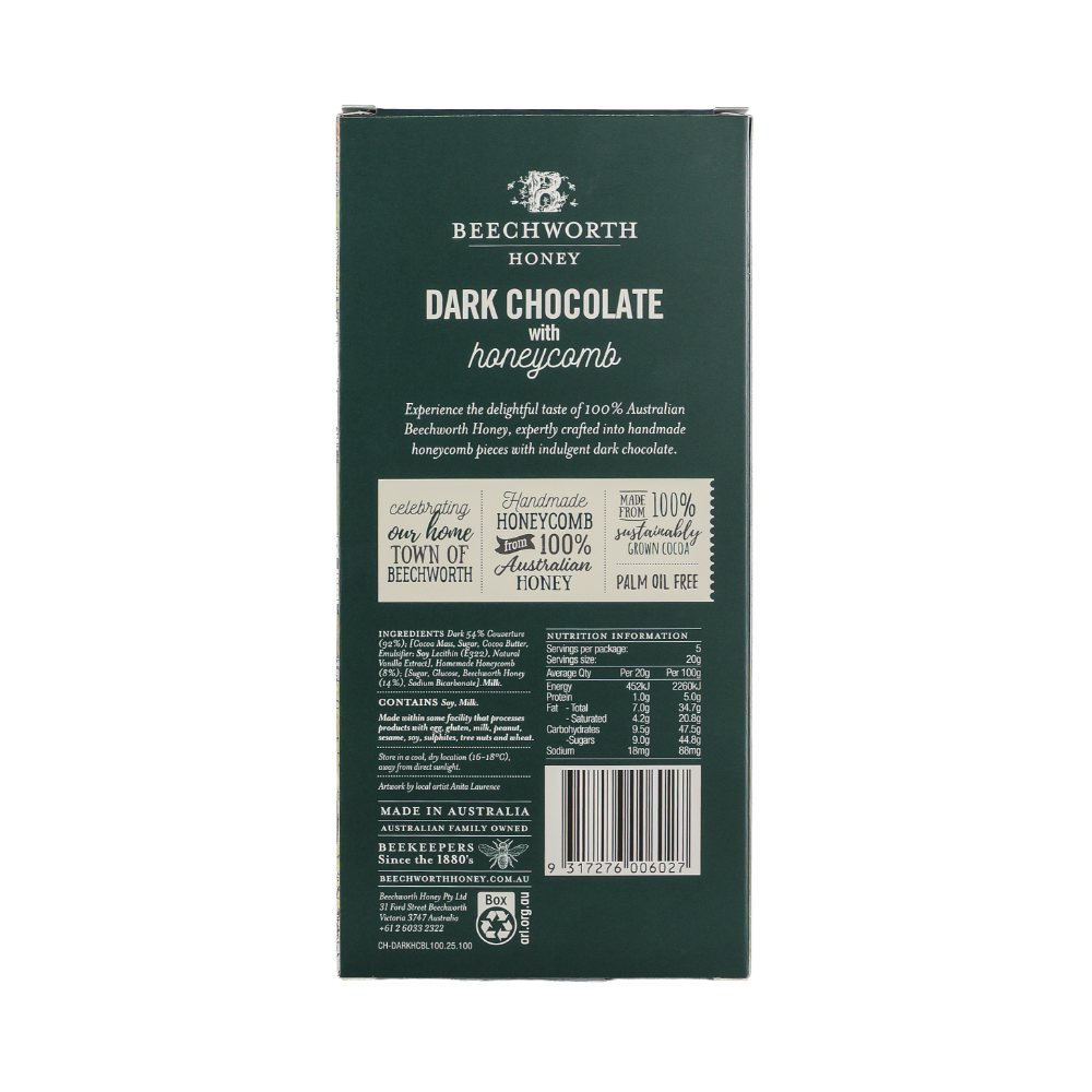 Beechworth Honey Dark Chocolate with Honeycomb Block 100g